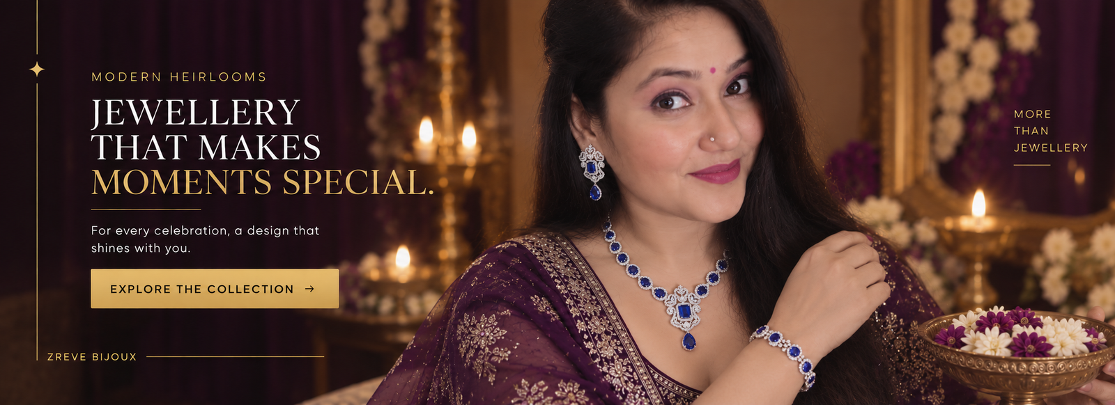 Zreve purple AD jewellery necklace and earrings styled on a model