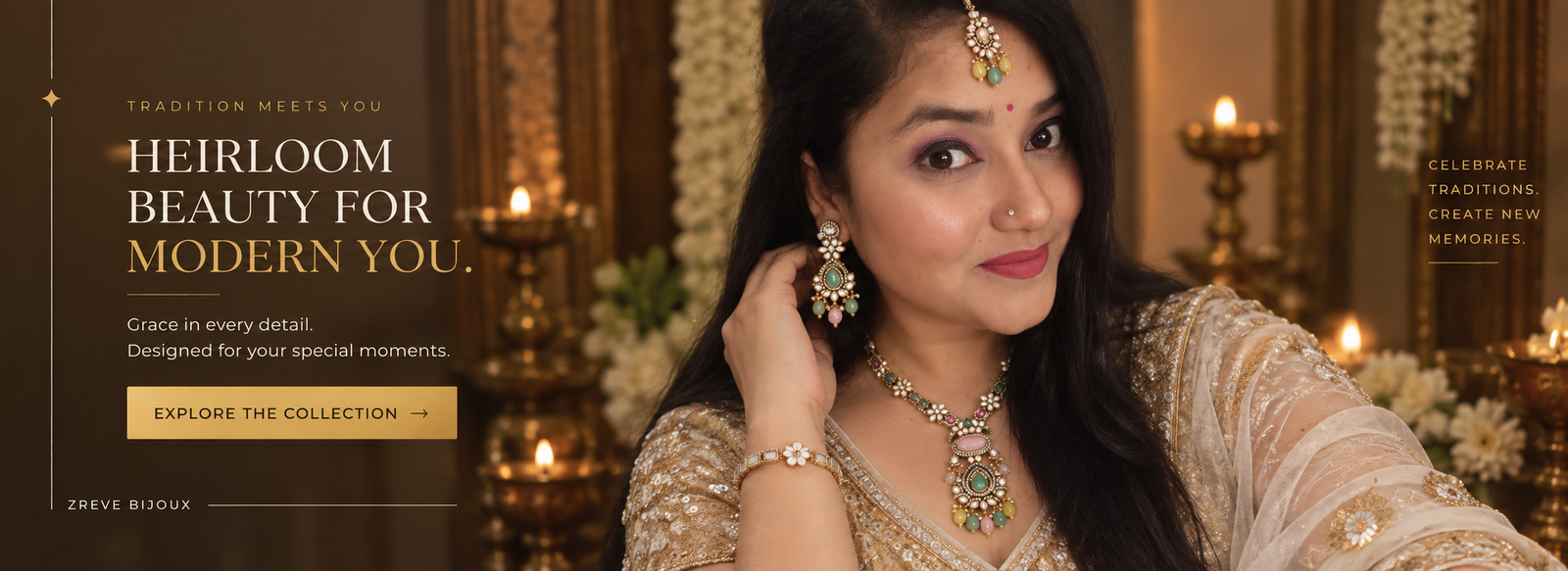 Traditional Indian jewellery styled with necklace, earrings and maangtikka by Zreve Bijoux